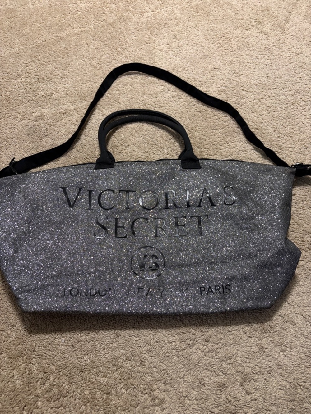 Victoria's Secret Tote Bag Black Silver Glitter Weekender Limited Edition